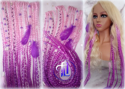 Pink Purple Ombre Clip in Braid Long 24 in Boho Extensions Pink Ombre Purple Box braiding hair Rave Festival Feathers Elements