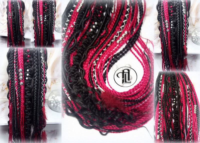 Red Rave Ponytail Hair Fall Viking Extensions Black Red Elements Accents Feathers synthetic box braids hair scrunchie Cosplay Anime