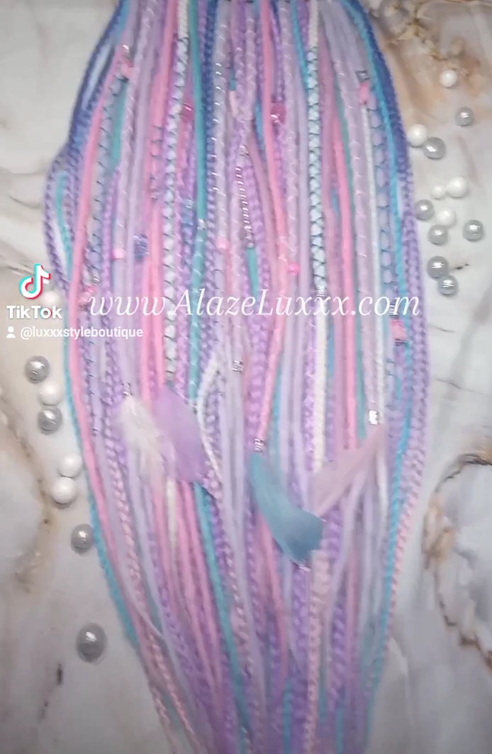 Purple Unicorn Cotton Candy Single Ended SE Set Crochet Boho Dread Braid Extensions Kawaii Festival Hair Teddy Bear Charms Hair Pink Blue