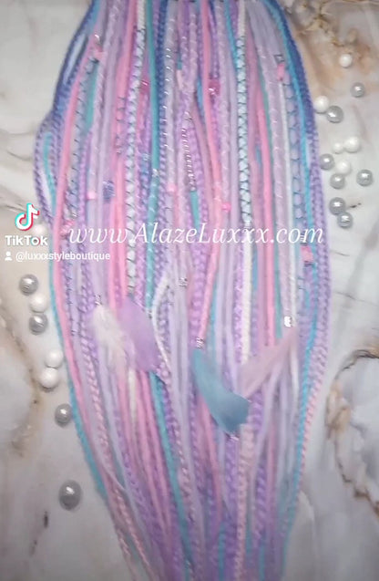 Purple Unicorn Cotton Candy Single Ended SE Set Crochet Boho Dread Braid Extensions Kawaii Festival Hair Teddy Bear Charms Hair Pink Blue