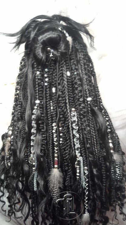 Black Full Wig Dread Braid Bangs Twist Soft Crochet Boho Synthetic Dread Braid Bohemian Black Long Wavy Curly Textured Dreads Silver Decor