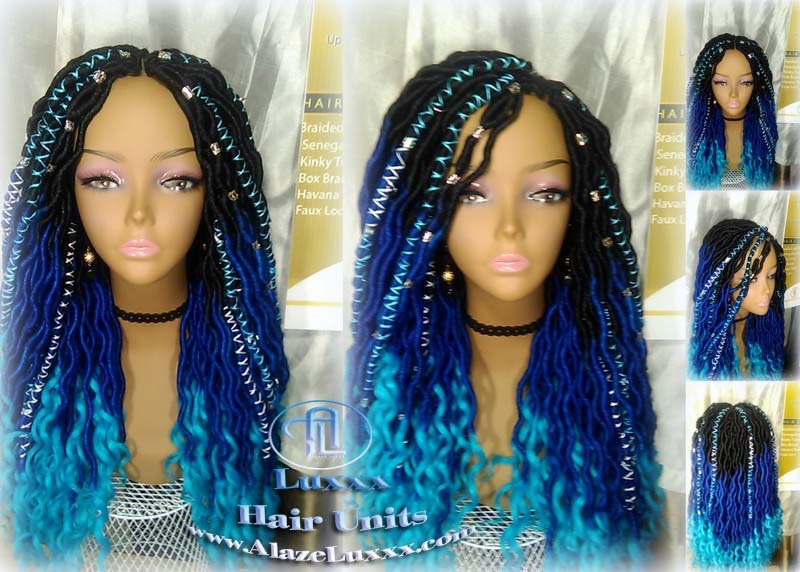 Blue Ombre Goddess Faux Locs Mermaid curly long distressed bohemian braids Natural dreads locs Wig for Black women Gift for women