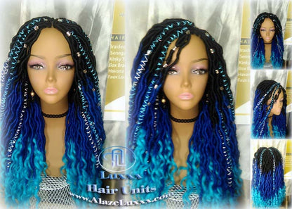 Blue Ombre Goddess Faux Locs Mermaid curly long distressed bohemian braids Natural dreads locs Wig for Black women Gift for women