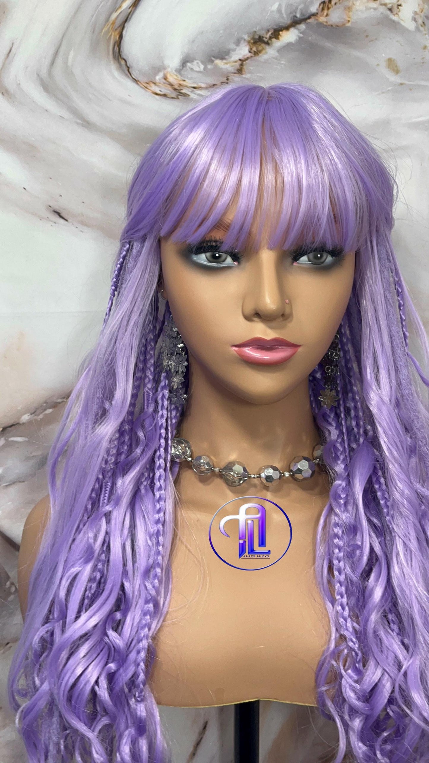 Lavender Purple Dread Braid Wig With Bangs – Long Synthetic Boho Glam Wig - Chain Snake Goddess Loc Braid Wavy Curly Pastel 24in'