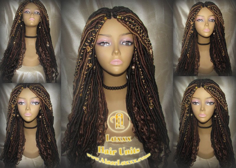 Brown Long Wavy Goddess Faux Locs Blonde Honey 30 33 27 Hair Gypsy Bohemian Boho Dread Loc 27 DE SE Dred Lock  Braided Wigs Festival Hair
