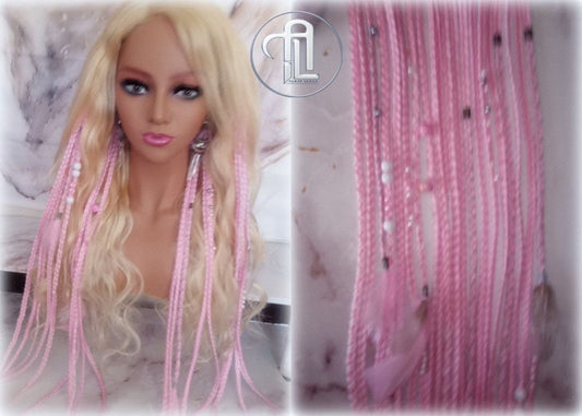 Clipin Light Pink Pastel Clip in Braid Long 24 in Boho Extensions Pink Ombre Purple Box braiding hair Rave Festival Feathers Elements