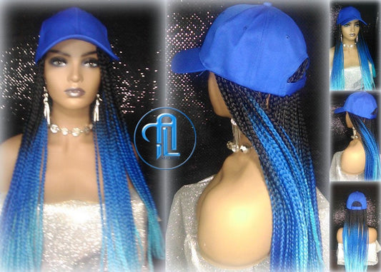 Box Braid Hat Blue Ombre Wig  Gym Hat Baseball Cap  Braided Hat Wig Women’s Hair Summer Hat Winter Hat Hair Cap Wig Hat Chemo Hat Alopecia