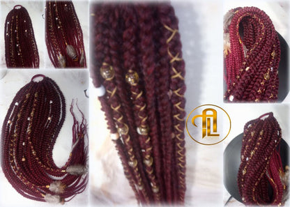 Viking Ponytail Hair Fall Extensions Ombre Black Red Burgundy Gold Elements Accents Feathers Jungle box braids hair scrunchie Butterfly