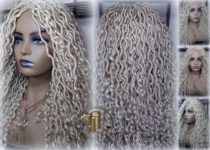 613 Blonde Goddess Faux Locs 14in Short Braid Wig Platinum White Blonde Marley Dred Lock Wig Gypsy Bohemian Boho Lace Part
