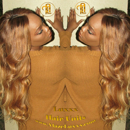 Honey Blonde Auburn 27/30 Dark Roots Ombre 22 In' Straight Long Custom Color Virgin Hair Unit Lace FrontWigs Kim Khloe Kardashian Wig Look