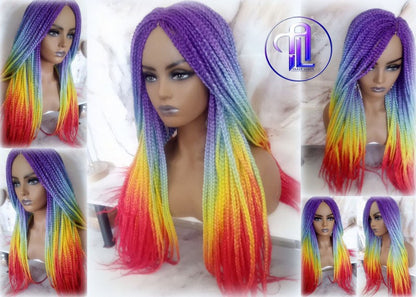 Rainbow Mermaid Purple Blue Yellow Orange  Wig Box Braids braided Synthetic hair Lace Part Wig Pride Ready to Ship LGBT Pride