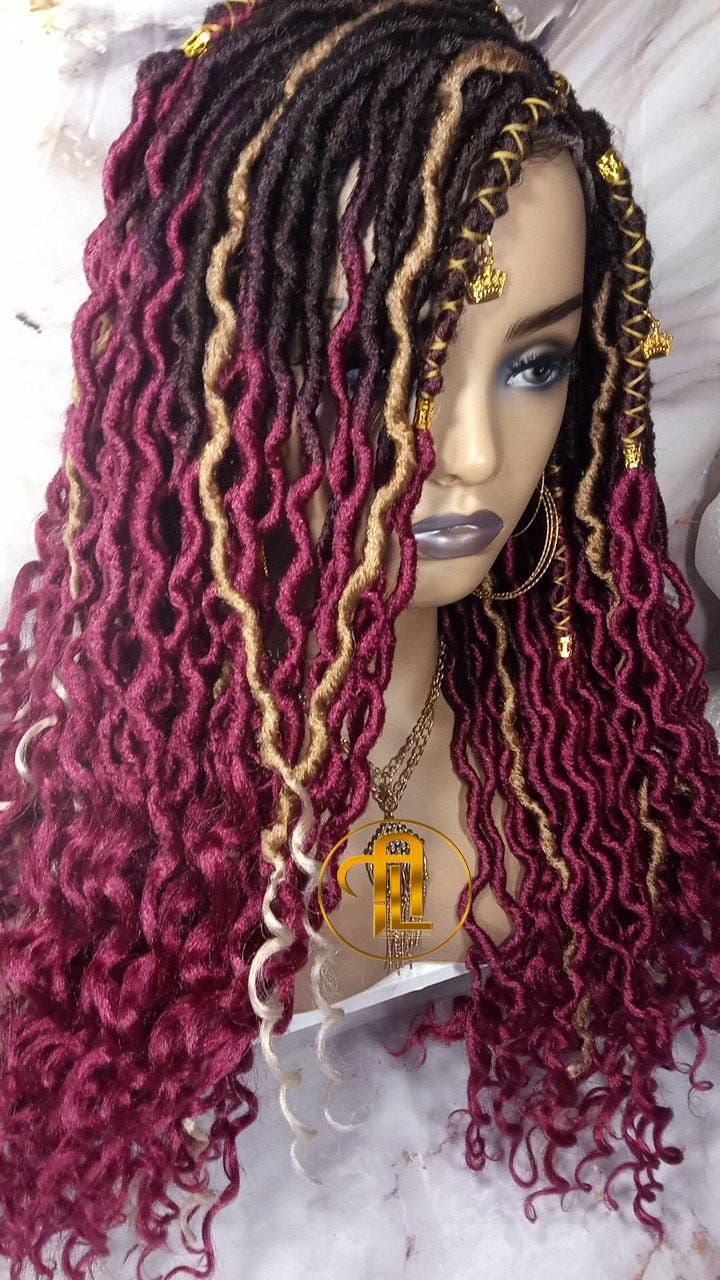 Full Lace Wig Red Burgundy 1b Black 530 Long Ombre Goddess Locs Honey Blonde 27 Marley Synthetic Braided Wig Curl Ends Bohemian Boho Gypsy