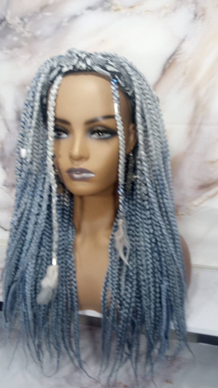Viking Headband Wig Boho Silver Blue Feathers Accents Pirates Witch Clipin Hair Pieces Norse Temporary Braid in Dread Falls Punk Gothic Goth