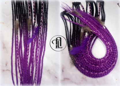 Black Purple Ombre Clip in Braid Long 24 in Boho Extensions Ombre Purple Box braiding hair Rave Festival Feathers Elements