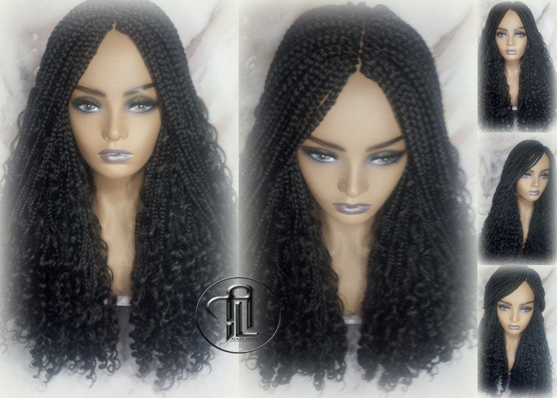 Black boho curly box braids 1b Box Braid Wig Long Medium Straight bohemian gypsy Curly Box Braids