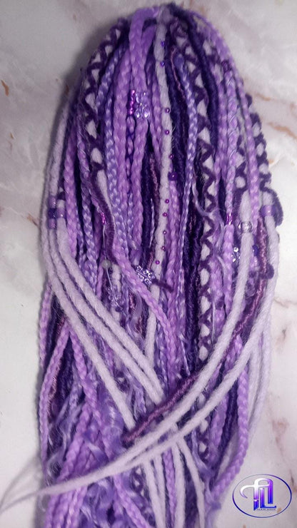 Claw Clip Drawstring Braids Dreads Ponytail Extension Viking Renaissance  Purple Lavender Accents Feathers synthetic clipin Butterfly