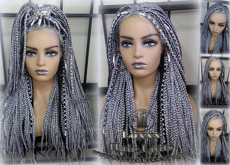 Box Braid 44 51 Wig Grey Gray Black 1b Silver Metallic Chrome Lace Baby Hair Storm Long Medium Straight Glueless! Braid Lace Wig