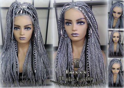 Box Braid 44 51 Wig Grey Gray Black 1b Silver Metallic Chrome Lace Baby Hair Storm Long Medium Straight Glueless! Braid Lace Wig