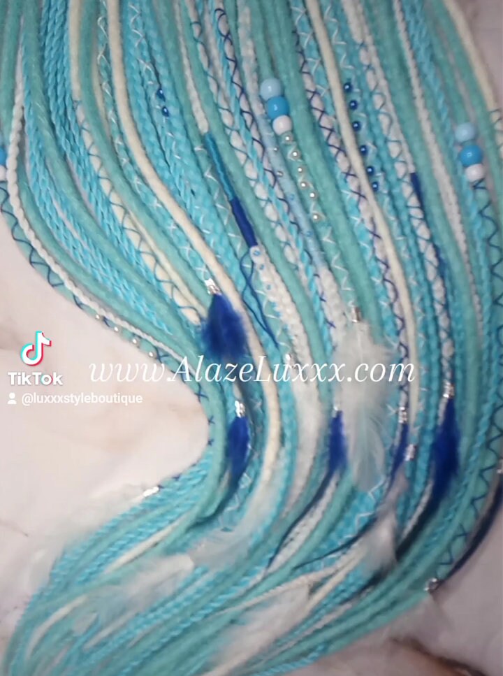 Blue White SE Synthetic Crochet Straight Dreads Braids synthetic soft and light Braid in Clip in hair extension Fake Faux Dreads Partial Set