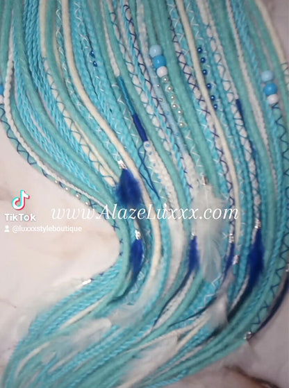 Blue White SE Synthetic Crochet Straight Dreads Braids synthetic soft and light Braid in Clip in hair extension Fake Faux Dreads Partial Set