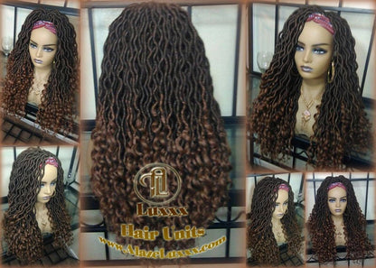 Bohemian Boho Gypsy Headband Wig Black Brown Goddess Faux Loc Wig Long Wavy Brown Tips Ends 30 Hair Dread DE SE Dred Lock Braided Wigs