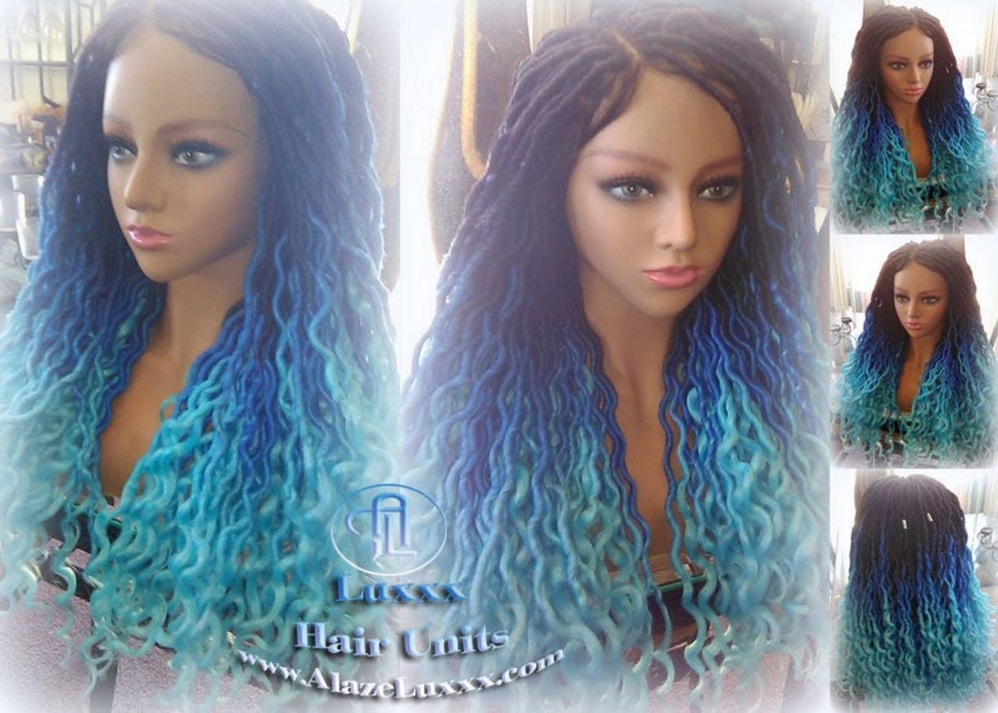 Blue Ombre Goddess Faux Locs Lace Closure w Baby Hairs Faux Loc Wig 4x4 Wig Mermaid curly long rainbow boho bohemian braids wig