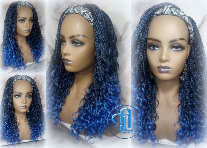 Blue Ombre Headband Braid Wig Goddess Box Braids Mermaid Boho curly bohemian braids Gradient Hair Short Curly 14 16in Viking Braids