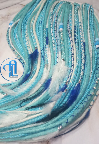 Blue White SE Synthetic Crochet Straight Dreads Braids synthetic soft and light Braid in Clip in hair extension Fake Faux Dreads Partial Set