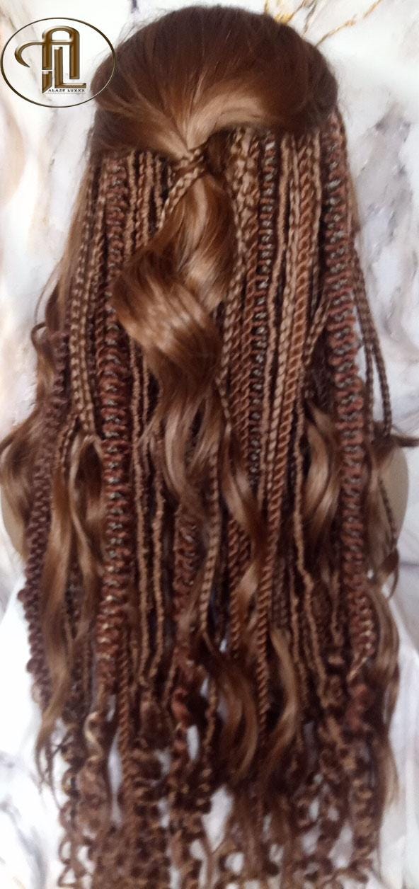 Full Wig Dread Braid Bangs Twist Soft Crochet Boho Synthetic Dread Braid Bohemian Dark Root Ombre Brown  Long Wavy Curly Textured Dreads