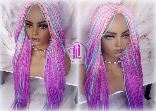 Ombre Pink Purple Blue 24 Inch Long Soft Senegalese Twist Ombre Braids Hair Synthetic Braiding Hair Extension Unicorn accents