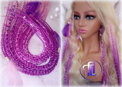 Pink Purple Ombre Clip in Braid Long 24 in Boho Extensions Pink Ombre Purple Box braiding hair Rave Festival Feathers Elements