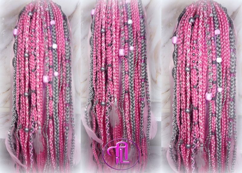 Pink Grey Silver Ponytail Hair Fall Extensions Elements Accents Feathers synthetic box braids hair scrunchie clip in Clip on Braids