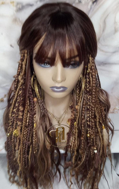 Dread Braid Full Wig Bangs Twist Soft Crochet Boho Synthetic Bohemian Dark Root Ombre Brown Blonde Long Wavy Curly Balayage Wig