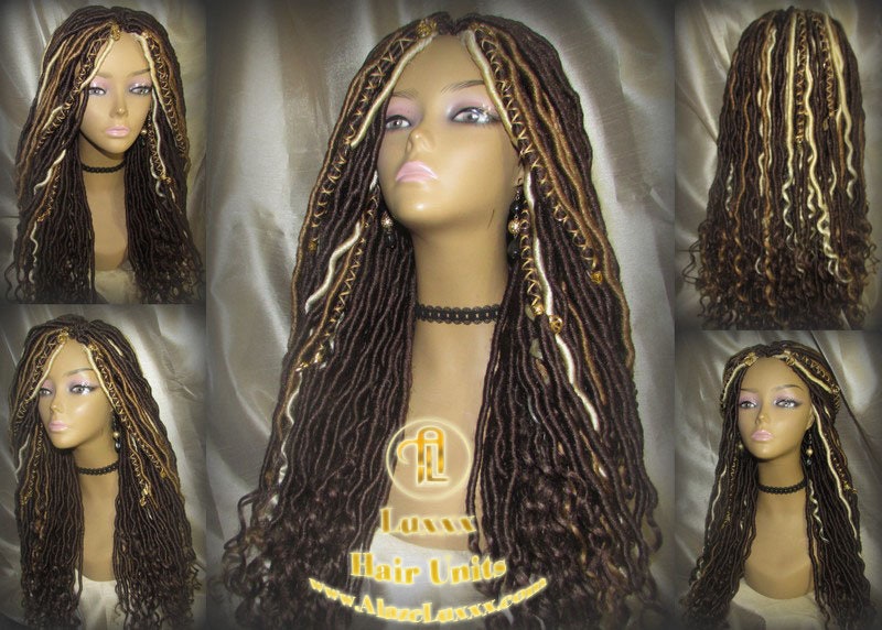 Long Wavy Goddess Faux Locs Honey Platinum Blonde 613 27 Brown Gypsy Bohemian Boho Dread DE SE Dred Lock Braided Wigs Festival Hair Distress