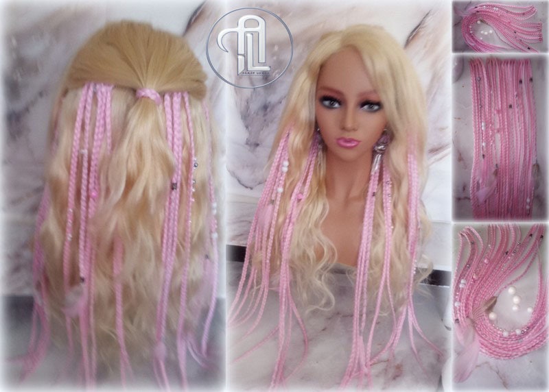Clipin Light Pink Pastel Clip in Braid Long 24 in Boho Extensions Pink Ombre Purple Box braiding hair Rave Festival Feathers Elements