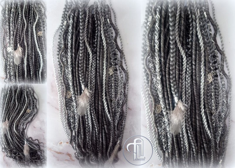 Viking Hair Silver Black Grey Single Ended SE 75 Piece Set Kit Mixed Soft Crochet Boho Dread Braid Hair Wraps Extensions Textured Natural