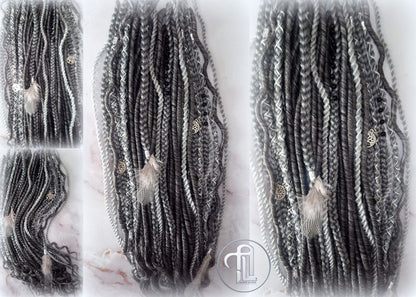 Viking Hair Silver Black Grey Single Ended SE 75 Piece Set Kit Mixed Soft Crochet Boho Dread Braid Hair Wraps Extensions Textured Natural