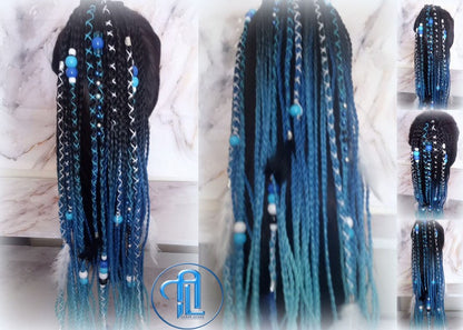 Black Blue Ombre Braids Extension on Hairband Hair Tie Synthetic Dreads Ponytail Boho Hair Falls RenaissanceAccents Feathers synthetic