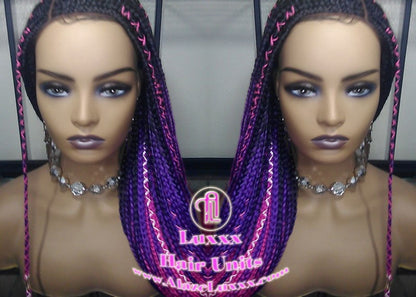 Cornrow Black Purple Pink Ombre Lemonade Braid Wig Lace Closure Baby Hair Box Braids Mermaid Unicorn Rainbow Hair