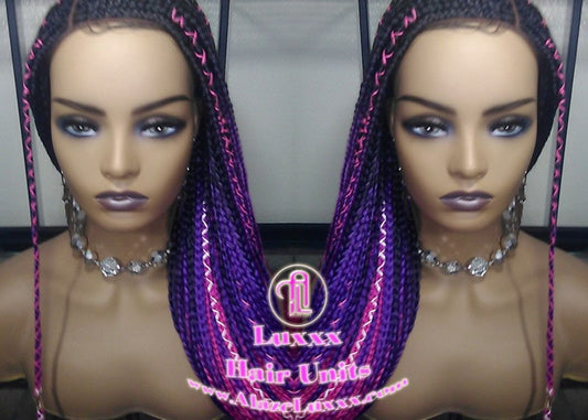 Cornrow Black Purple Pink Ombre Lemonade Braid Wig Lace Closure Baby Hair Box Braids Mermaid Unicorn Rainbow Hair