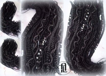 Black Single Ended SE 75 Piece Set Kit Goth Mixed Soft Witch Boho Dread Braid Hair Wraps Extensions Textured Natural Realistic