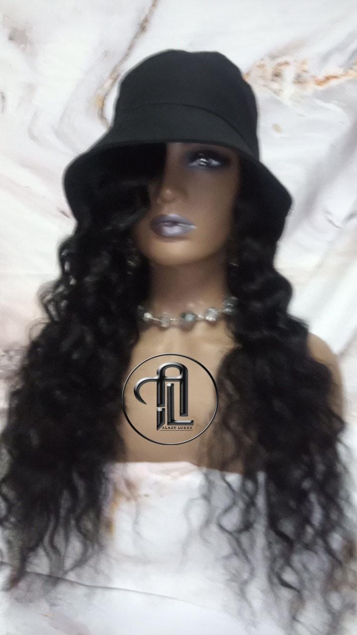 Bucket Hat Deep Wave Human Hair Black Wavy Hair Alopecia Chemo Hair Thinning Fisherman Hat Long Human Hair protective style Easy to wear