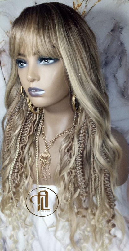 Dread Braid Bangs Full Wig Twist Soft Crochet Boho Synthetic Dread Braid Bohemian Dark Root Ombre Brown Blonde Long Wavy Curly Balayage Wig