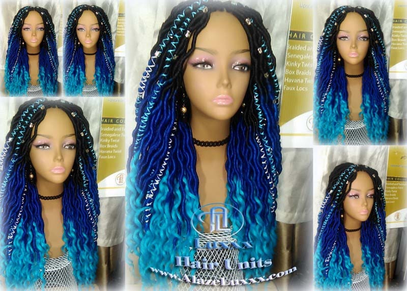Blue Ombre Goddess Faux Locs Mermaid curly long distressed bohemian braids Natural dreads locs Wig for Black women Gift for women