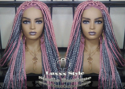 Pink Grey Mermaid Wig Box Braids braided Synthetic hair Lace closure Baby hair Light Pink wig pink extensions stage hair gypsy Boho