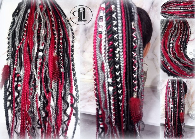 Ponytail Hair Fall Viking Extensions Black Red Elements Accents Feathers synthetic box braids renaissance hair scrunchie kawaii dreadlock