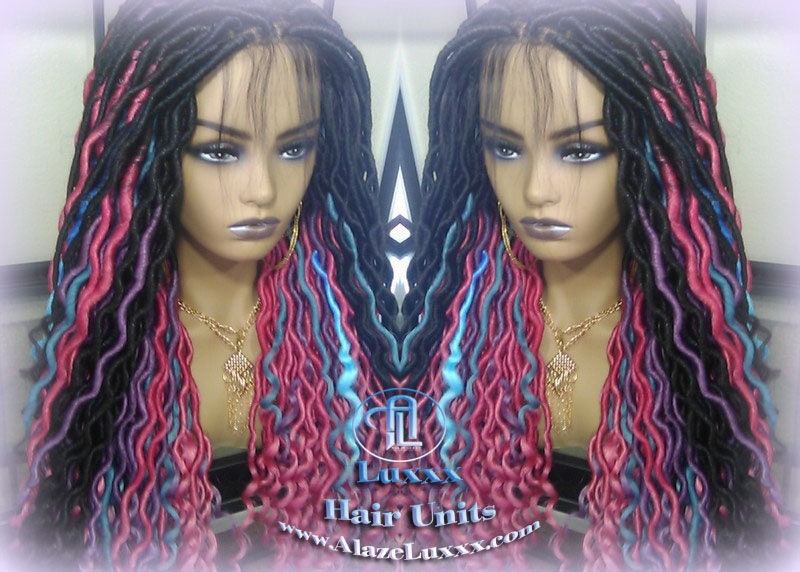 Blue Pink Purple Teal Ombre Goddess Faux Locs Lace Closure w Baby Hairs Faux Loc Wig 4x4 Wig Mermaid long rainbow boho bohemian braids wig
