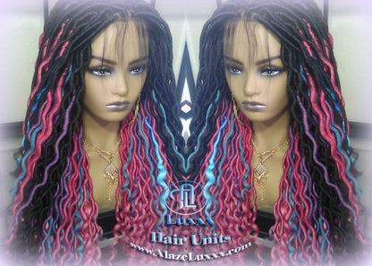 Blue Pink Purple Teal Ombre Goddess Faux Locs Lace Closure w Baby Hairs Faux Loc Wig 4x4 Wig Mermaid long rainbow boho bohemian braids wig