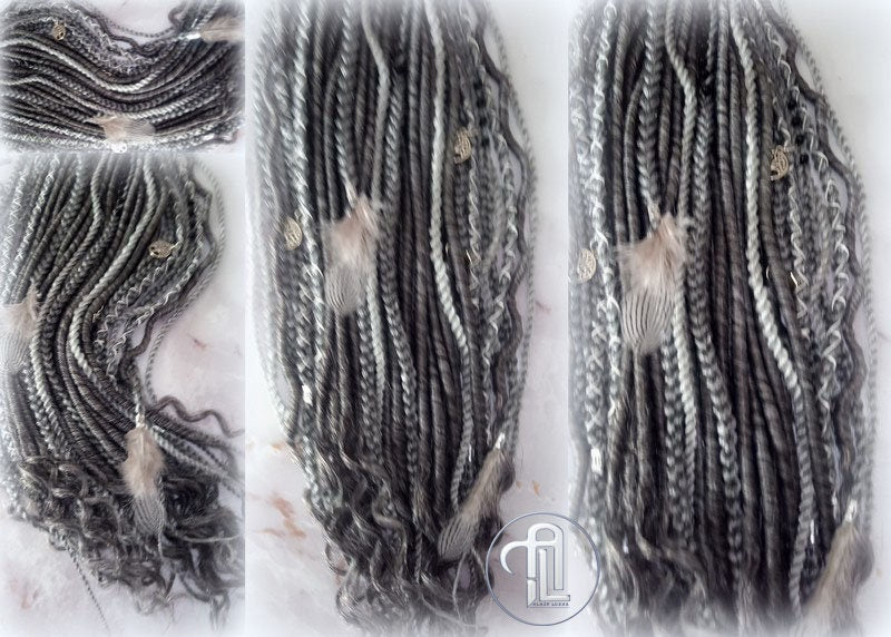 Viking Hair Silver Black Grey Single Ended SE 75 Piece Set Kit Mixed Soft Crochet Boho Dread Braid Hair Wraps Extensions Textured Natural