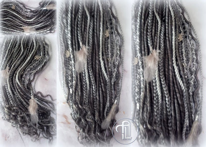 Viking Hair Silver Black Grey Single Ended SE 75 Piece Set Kit Mixed Soft Crochet Boho Dread Braid Hair Wraps Extensions Textured Natural